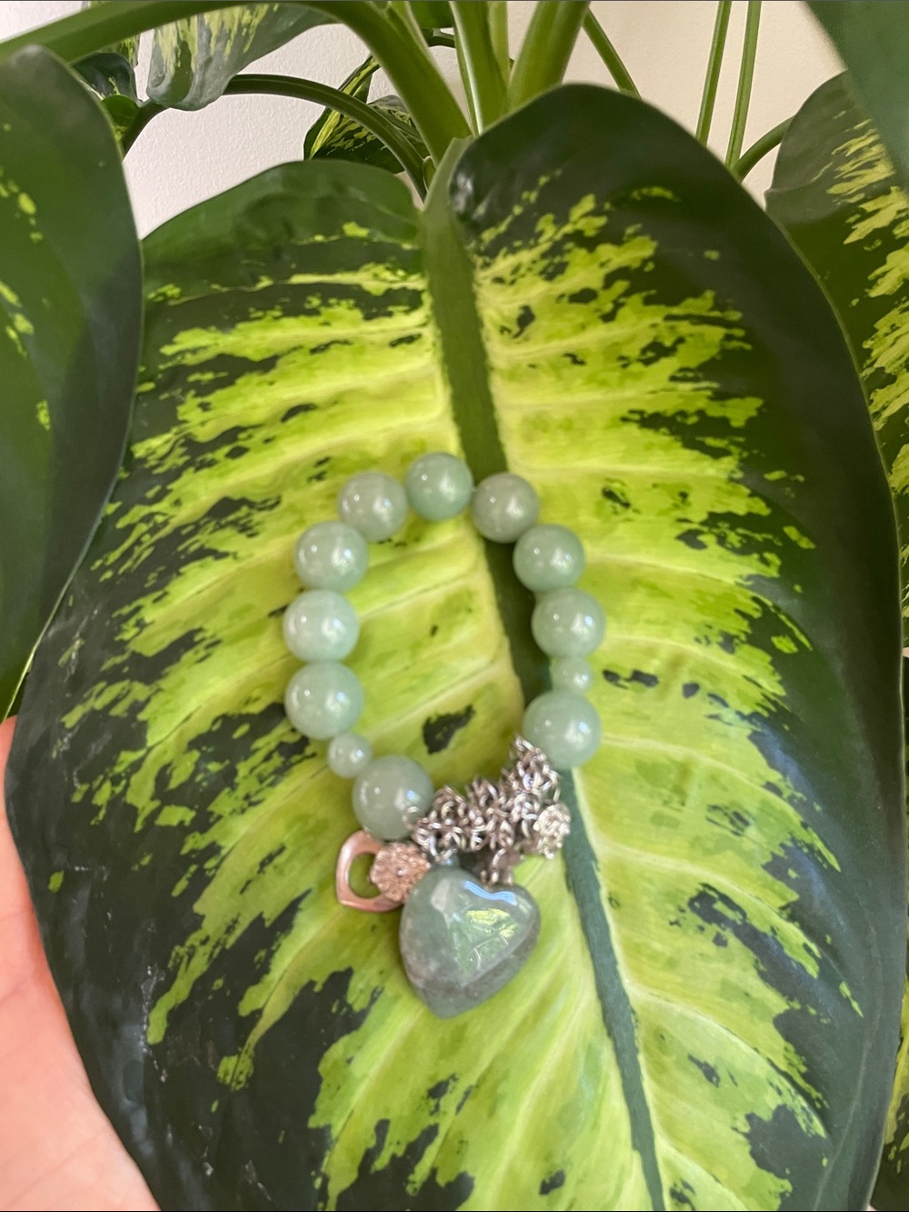 Green Jade Beaded Heart Charm Bracelet